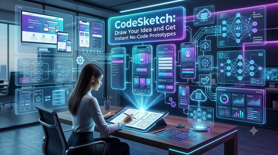 CodeSketch AI converting hand-drawn sketch into instant no-code software prototype